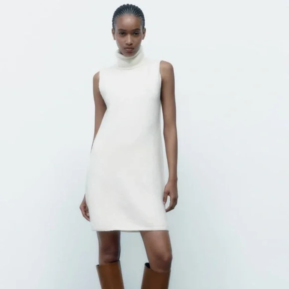 Zara Knit Turtleneck Mini Sweater Dress Cream White Size Small - Picture 1 of 7